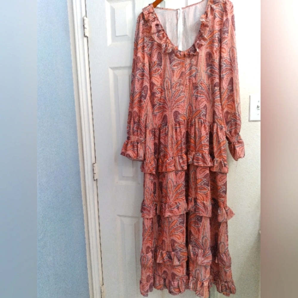 Romantic Boho Maxi Dress Dusty Pink Floral Print Tiered Ruffle Long Sleeve